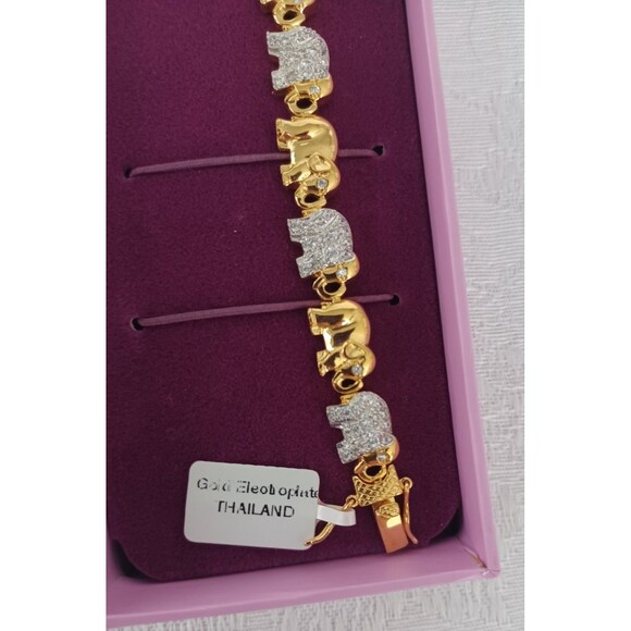 ELEPHANT MOTIF GOLD ELECTROPLATE RHINESTONE 8" BRACELET W/BOX AND TAG - Picture 5 of 13
